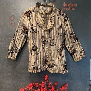 Bronze top with soft velvet roses & rhinestone buttons.